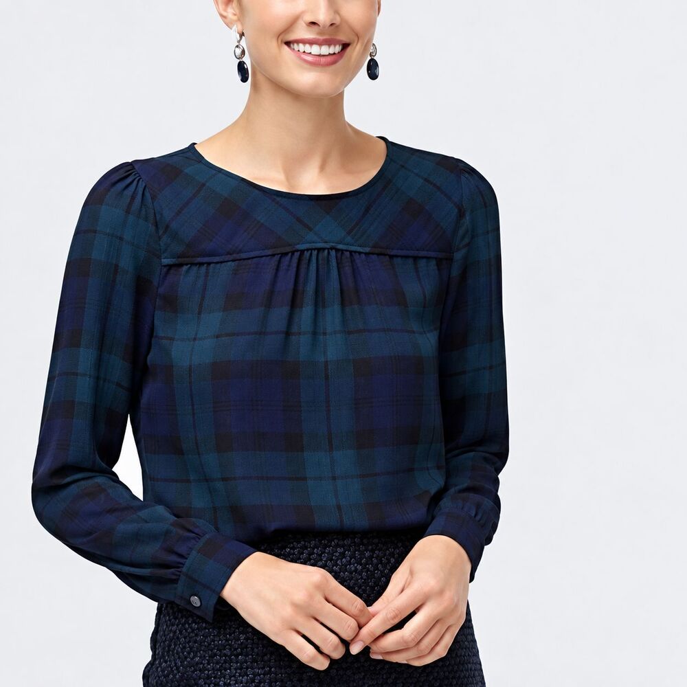J.Crew Women’s Blouse Size M Black Watch Plaid Sheer Long Sleeve Pleated Top
